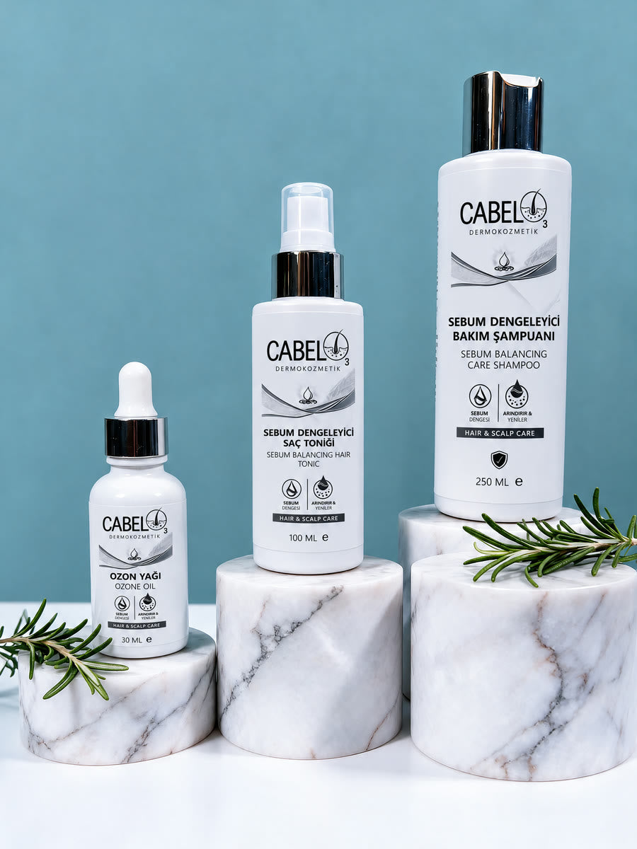 CABELO₃ 3'lü Set: Sebum Dengeleyici Bakım Şampuanı, Saç Toniği ve Ozon Yağı kutuları